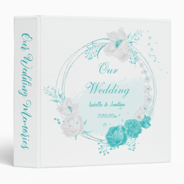 turquoise white floral wedding photo album binder (Front/Spine)