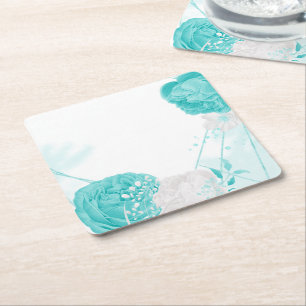 turquoise white floral wedding square paper coaster