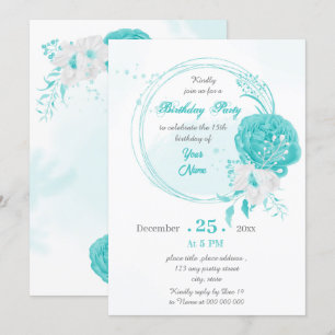 turquoise white floral wreath birthday party invitation