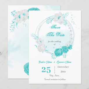 turquoise white floral wreath save the date