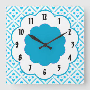 Turquoise White Flower Retro Pattern  Wall Clock