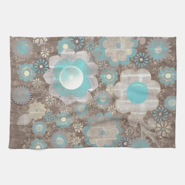 Turquoise-White Flowers American MoJo Kitchen Towel (Horizontal)