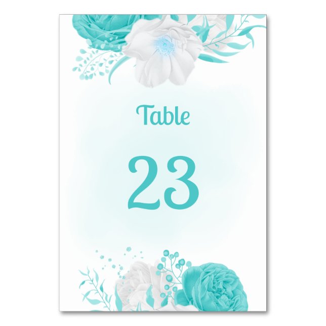 turquoise white flowers botanical table number (Front)