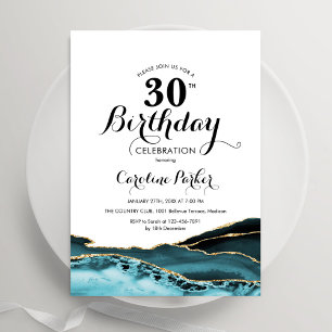 Turquoise White Gold Agate 30th Birthday Invitation