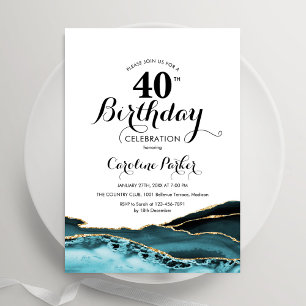Turquoise White Gold Agate 40th Birthday Invitation