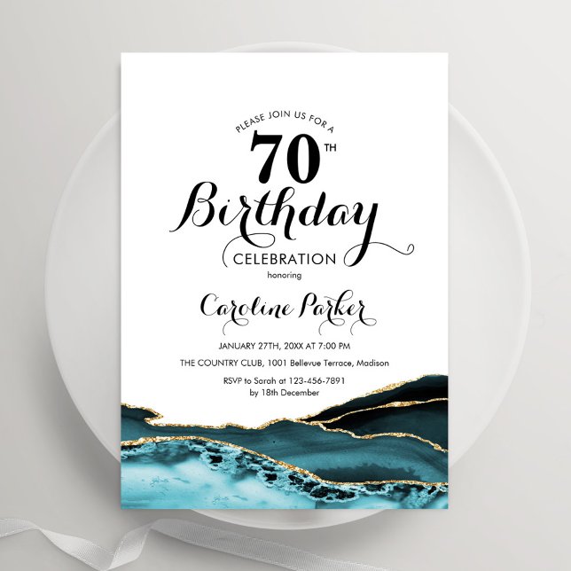 Turquoise White Gold Agate 70th Birthday Invitation (Creator Uploaded)