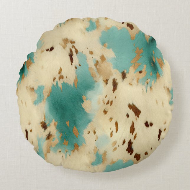 Turquoise White Gold Cowhide Round Pillow (Front)