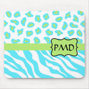 Turquoise, White & Green Zebra & Cheetah Custom Mouse Pad