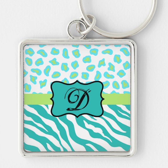 Turquoise White Green Zebra Leopard Skin Monogram Keychain (Front)