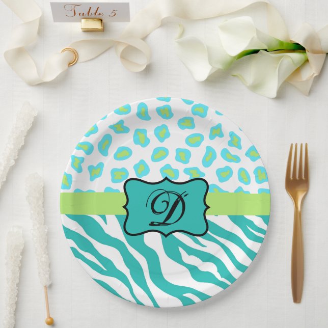 Turquoise White Green Zebra Leopard Skin Monogram Paper Plate (Wedding)