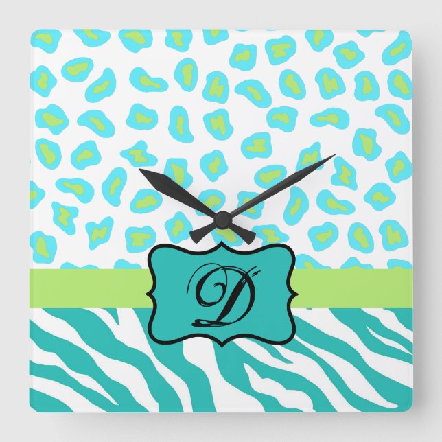 Turquoise White Green Zebra Leopard Skin Monogram Square Wall Clock (Front)