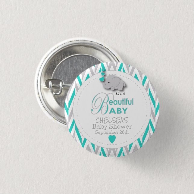 Turquoise, White Grey Elephant Baby Shower 1 Inch Round Button (Front & Back)