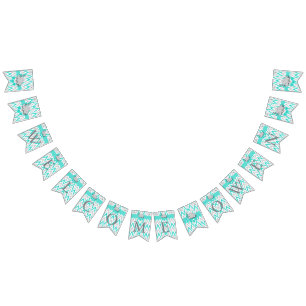 Turquoise, White Grey Elephant Baby Welcome Bunting Flags