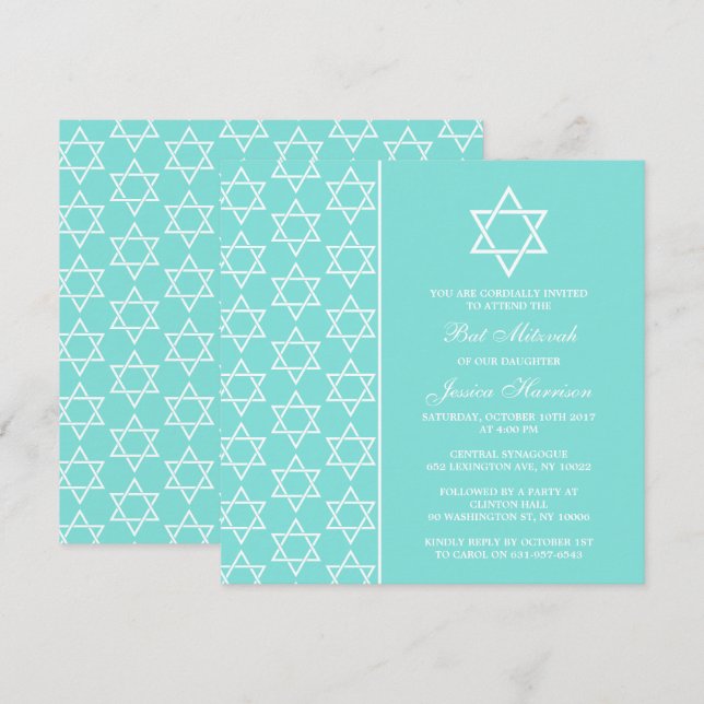 Turquoise & White Jewish Star Of David Bat Mitzvah Invitation (Front/Back)