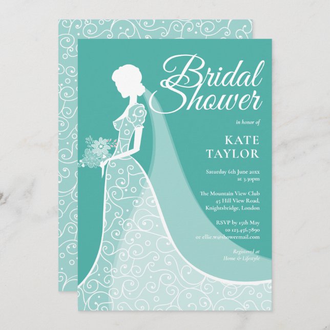 Turquoise White Lace Gown Bridal Shower Invitation (Front/Back)