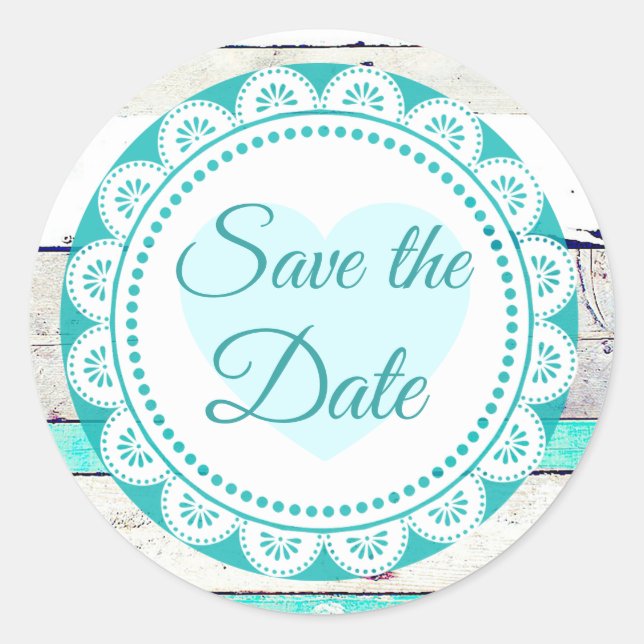 Turquoise White Lacey Save the Date Stickers (Front)
