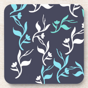 Turquoise White Leaves Pattern Product Coaster