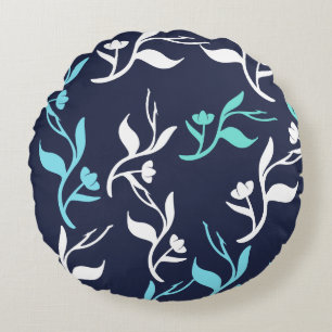 Turquoise White Leaves Pattern Product Round Pillow