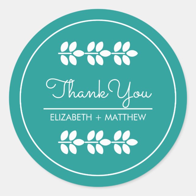 Turquoise White Leaves Wedding Thank You Classic Round Sticker (Front)