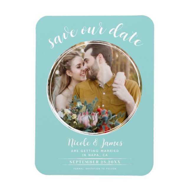 Turquoise & White Modern Round Photo Save the Date Magnet (Vertical)
