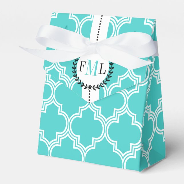 Turquoise, white Moroccan monogram wedding Favor Box (Front Side)