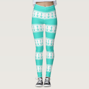 Turquoise White Nautical Anchor Coastal Stripes Leggings