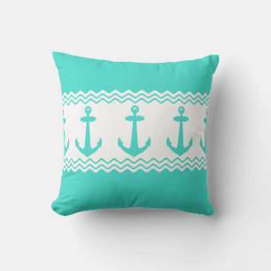 Turquoise White Nautical Anchor Coastal Stripes Throw Pillow