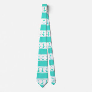 Turquoise White Nautical Anchor Coastal Stripes Tie