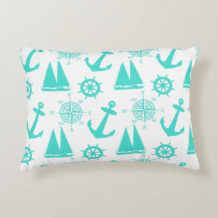 Turquoise White Nautical Coastal Boating Accent Pillow