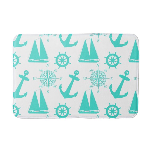 Turquoise White Nautical Coastal Boating Bath Mat (Front)