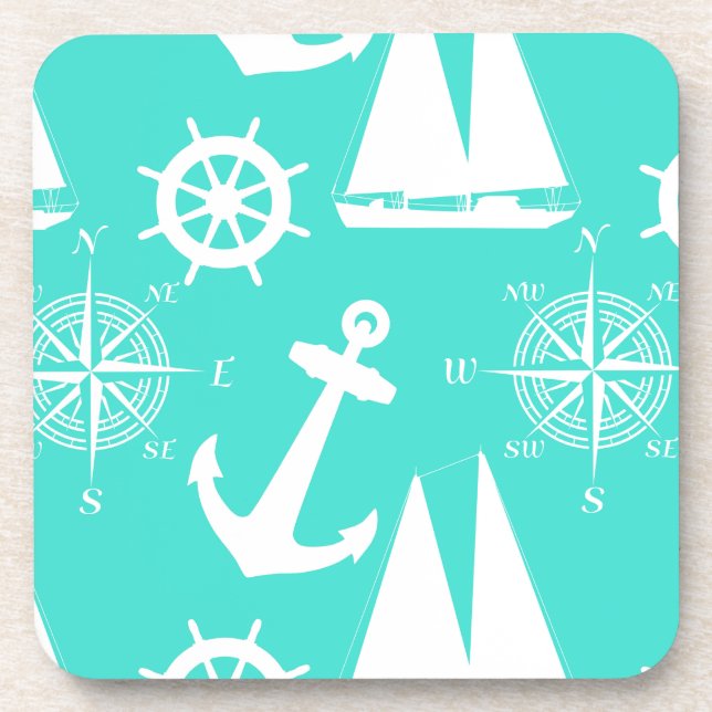 Turquoise White Nautical Coastal Boating Coaster (Front)