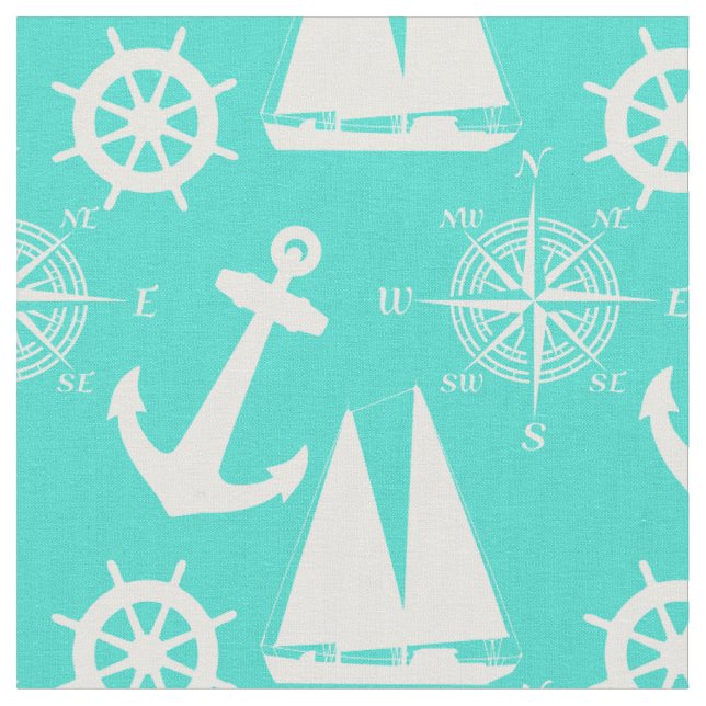 Turquoise White Nautical Coastal Boating Fabric (Close Up)