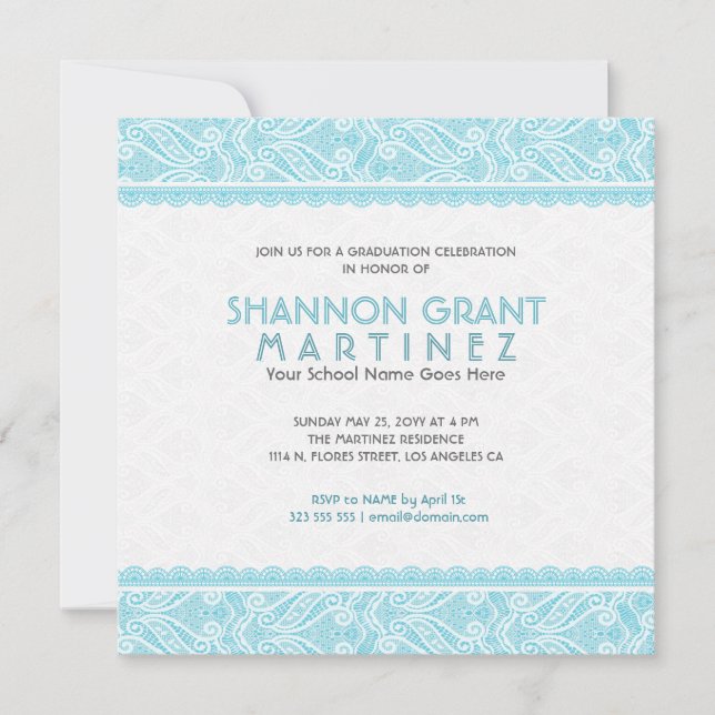 Turquoise & White Ornate Lace-Elegant Grad Invite (Front)