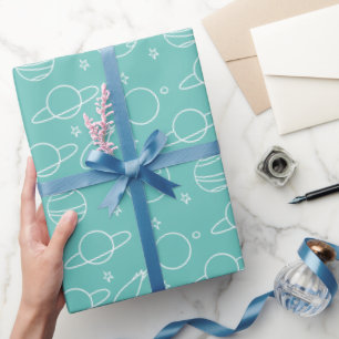 Turquoise White Planets Asteroid Pattern Birthday Wrapping Paper