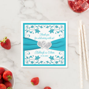 Turquoise, White, Silver Love Hearts Wedding Napkin
