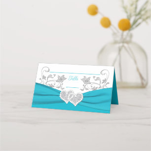 Turquoise, White, Silver Love Hearts Wedding Place Card