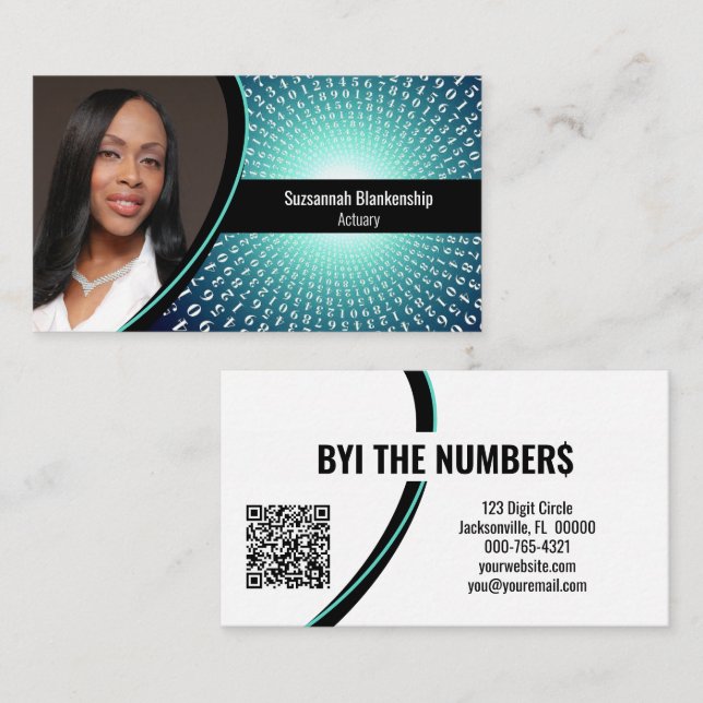 Turquoise White Spiral Number Custom Photo QR Code Business Card (Front/Back)