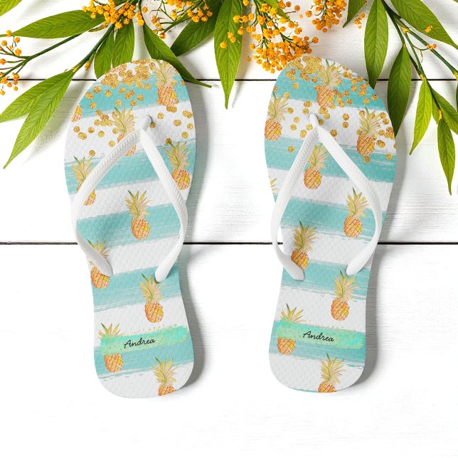 Turquoise White Tropical Beach Pineapple Flip Flops (Creator Uploaded)