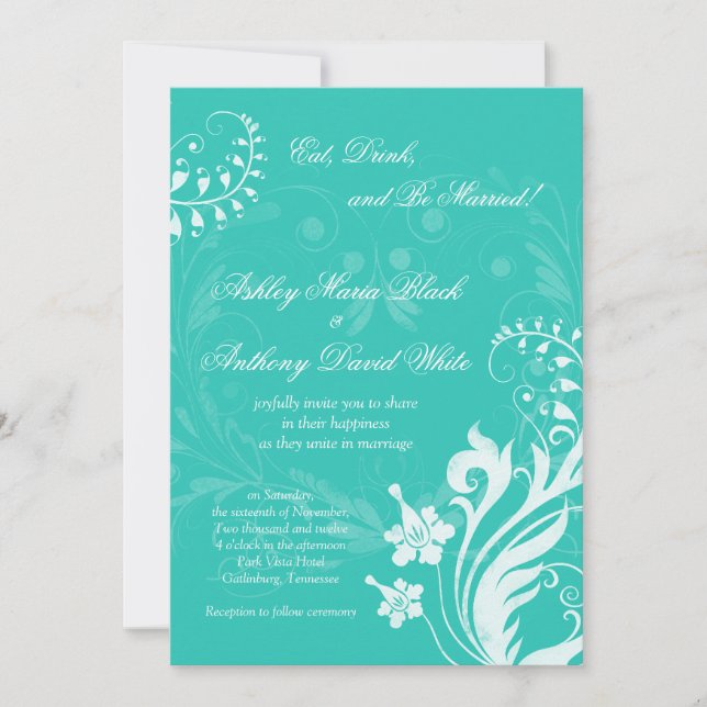 Turquoise White Vintage Floral Wedding Invitation (Front)
