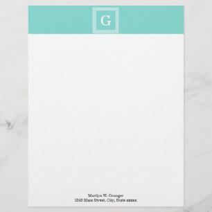 Turquoise Wht Greek Key Frame #1 Initial Monogram Letterhead