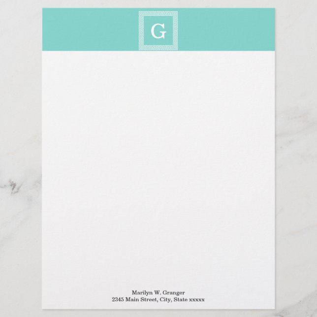 Turquoise Wht Greek Key Frame #1 Initial Monogram Letterhead (Front)