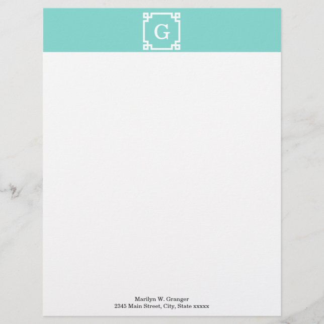 Turquoise Wht Greek Key Frame #2 Initial Monogram Letterhead (Front)