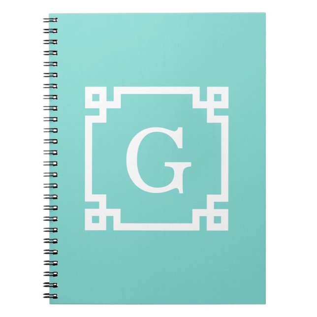 Turquoise Wht Greek Key Frame #2 Initial Monogram Notebook (Front)