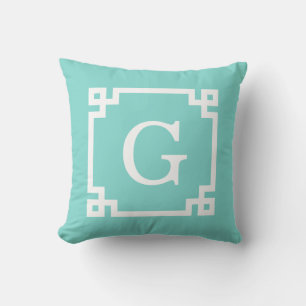 Turquoise Wht Greek Key Frame #2 Initial Monogram Throw Pillow