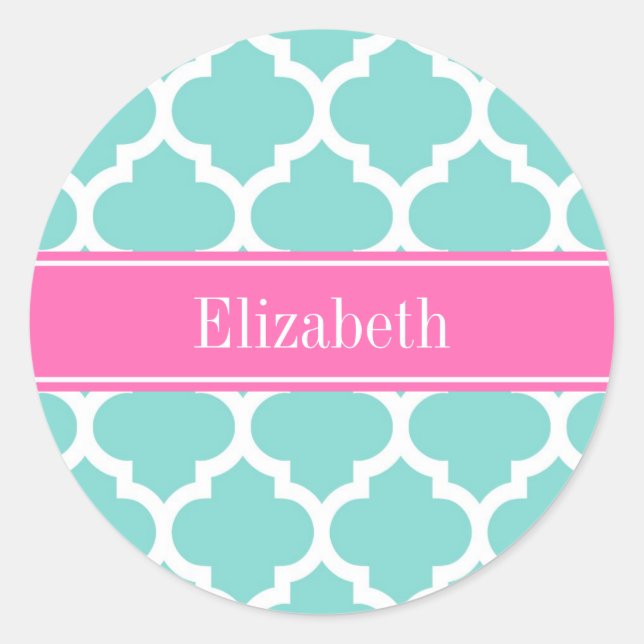 Turquoise Wht Moroccan #5 Hot Pink2 Name Monogram Classic Round Sticker (Front)