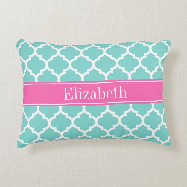 Turquoise Wht Moroccan #5 Hot Pink2 Name Monogram Decorative Pillow (Front)