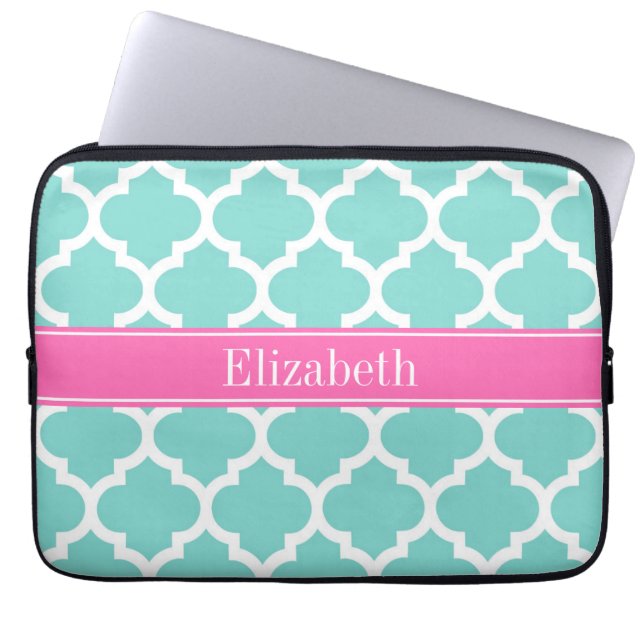 Turquoise Wht Moroccan #5 Hot Pink2 Name Monogram Laptop Sleeve (Front)