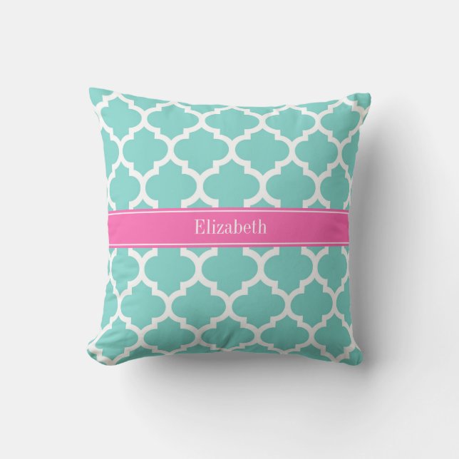 Turquoise Wht Moroccan #5 Hot Pink2 Name Monogram Throw Pillow (Front)