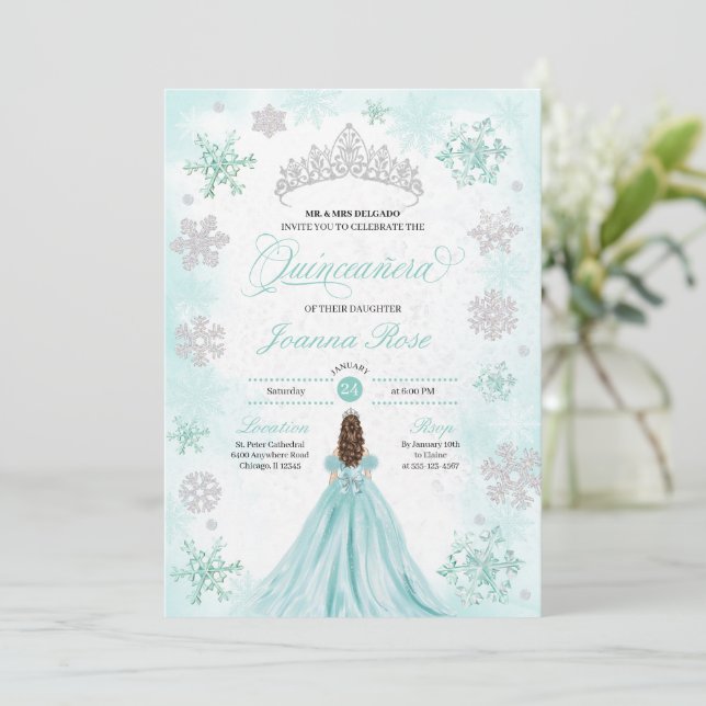 Turquoise Winter Wonderland Snowflake Quinceanera Invitation (Standing Front)