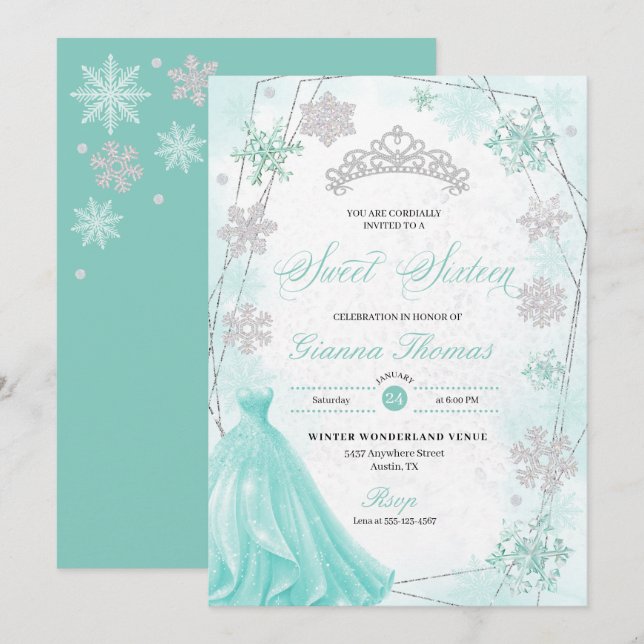 Turquoise Winter Wonderland Snowflake Sweet 16 Invitation (Front/Back)